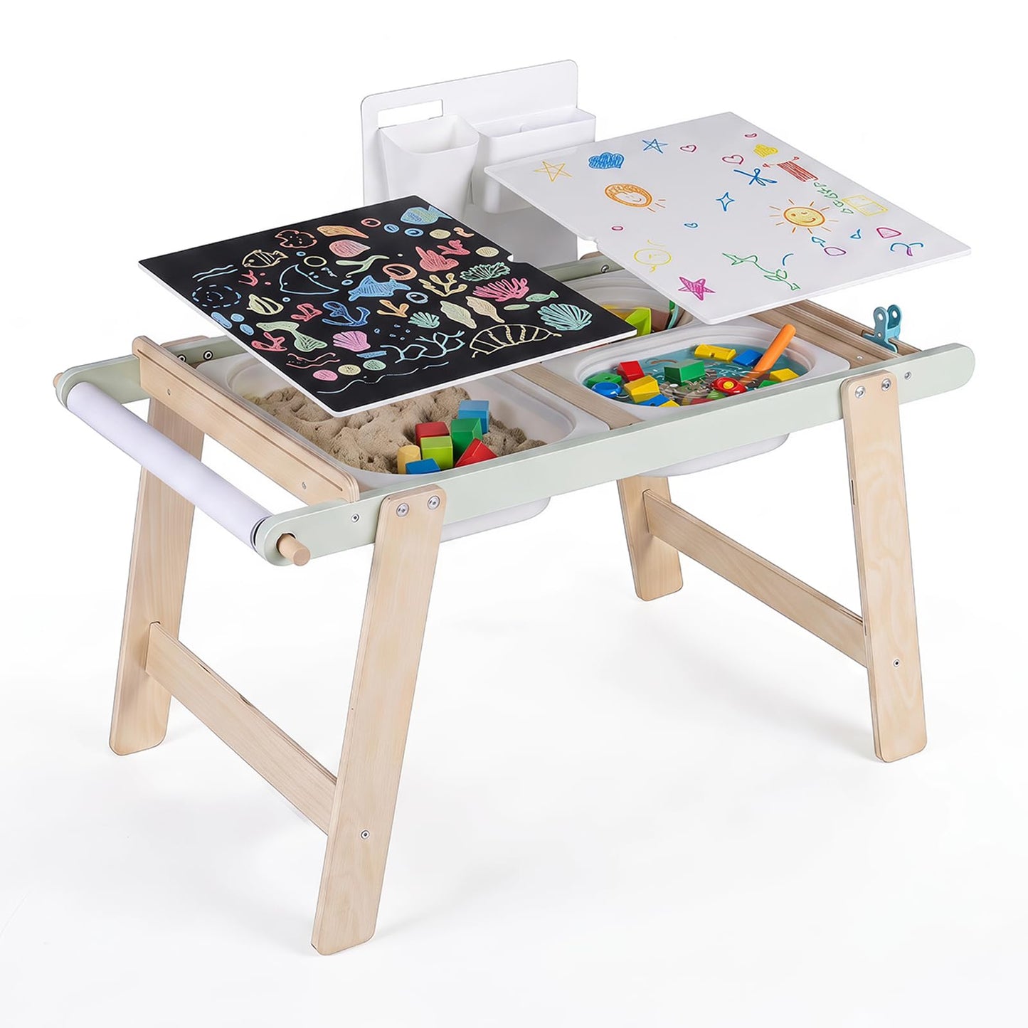 Kids Sensory Table with Double-Sided Board, 3 Foldable Bins, Rack