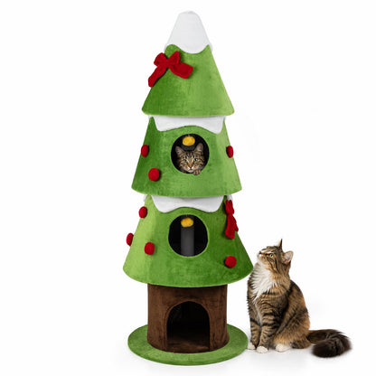 157.5 cm Christmas Cat Tree with 3 Cozy Condos and 2 Hanging Balls