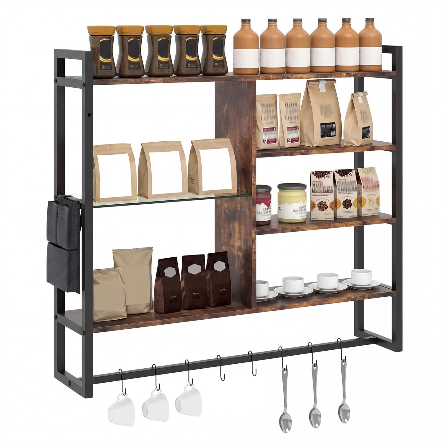 107 CM Industrial Floating Shelves 6-Tier Wall Mounted Shelf with 8 S-Hooks