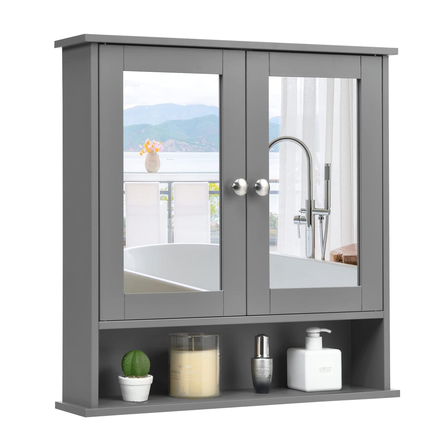 Double Door Wall Mounted Storage Cupboard with Adjustable Shelf and Compartment