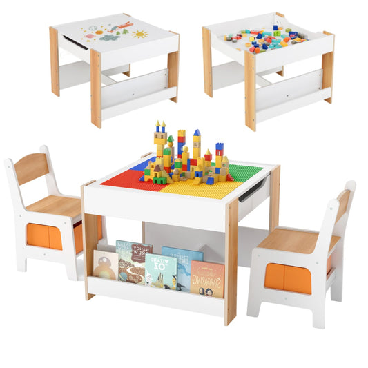 Kids Table and 2 Chairs Set Multifunctional Activity Table with Reversible Tabletop