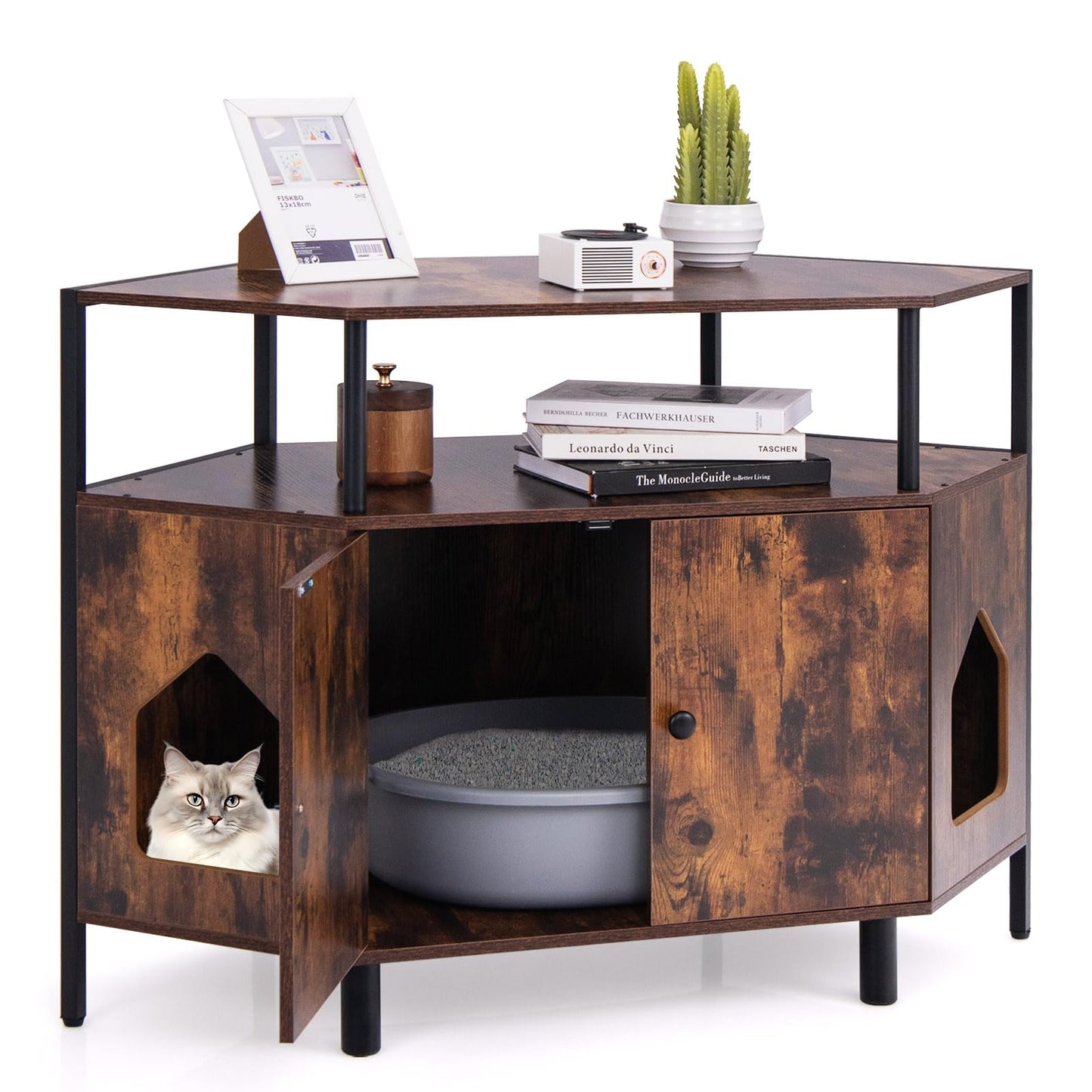 Corner Cat Litter Box Enclosure with Open Shelf