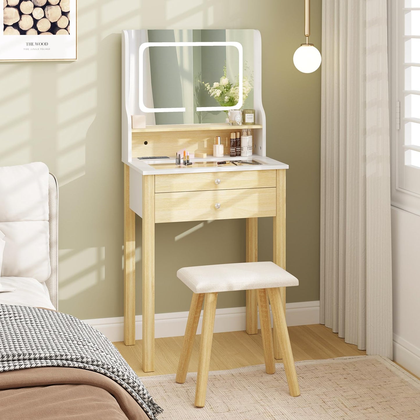 Vanity Desk with Mirror and Lights Small Makeup Table with 3 Light Modes