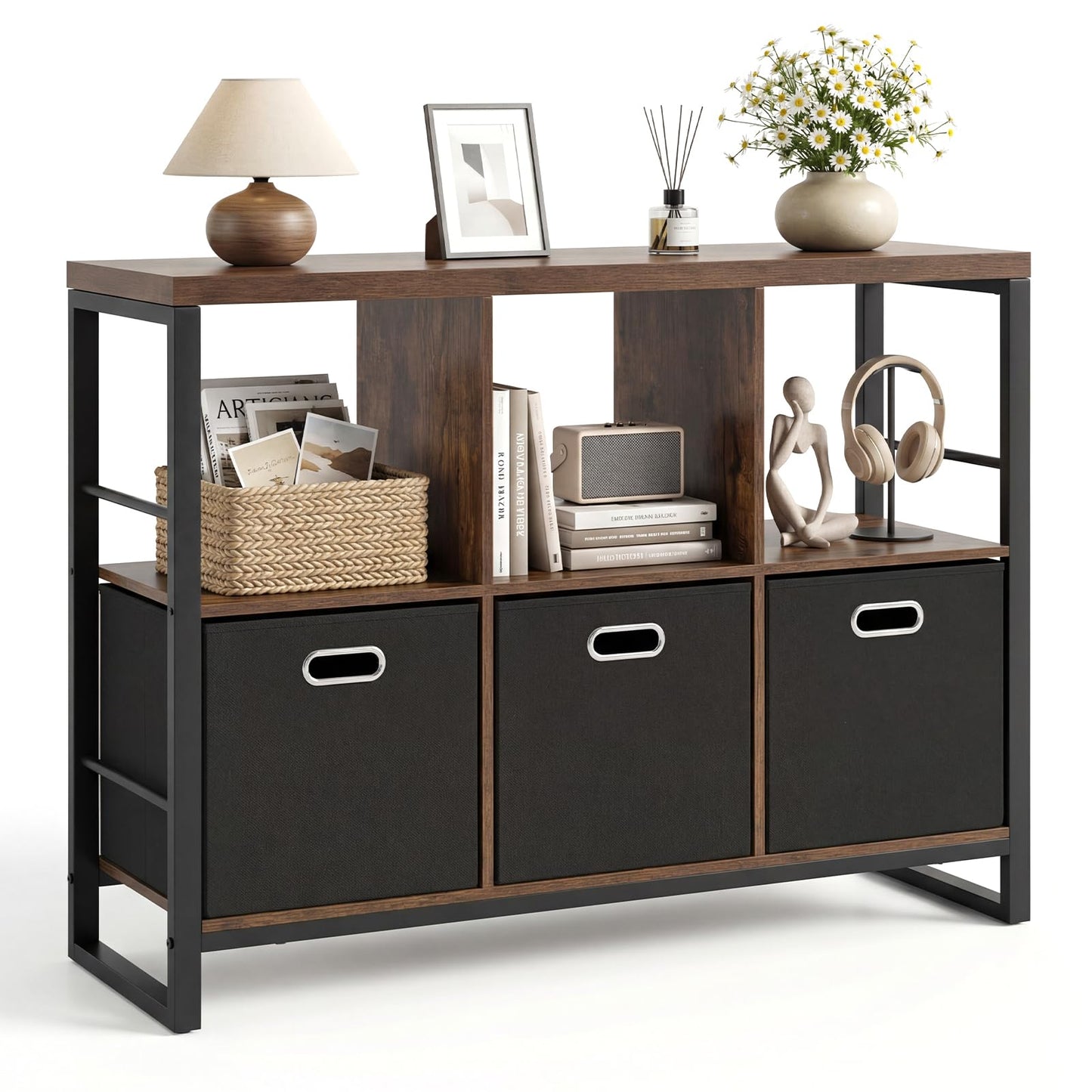 6 Cube Storage Organizer with 3 Storage Bins Sturdy Metal Frame and 3 Open Shelves
