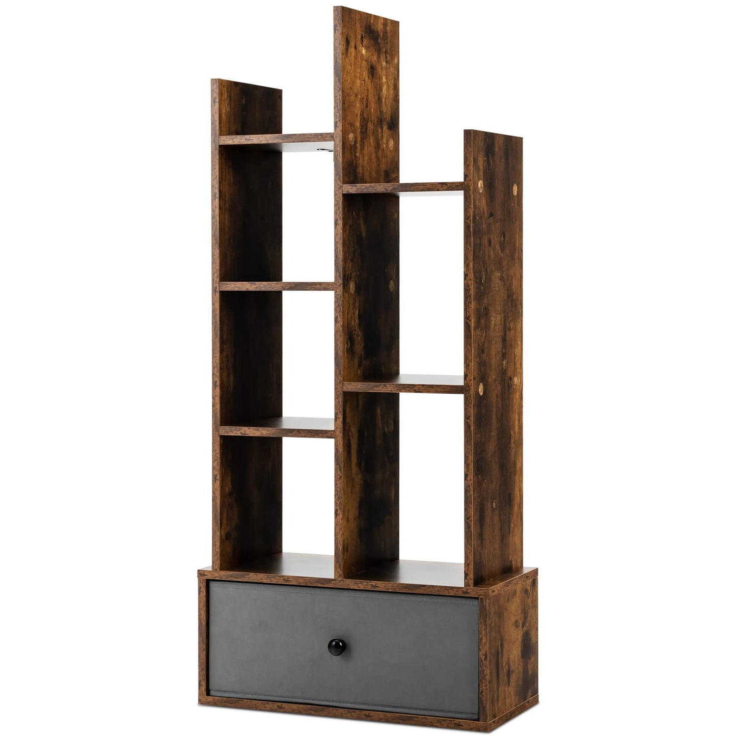7/12-Tier Wooden Bookshelf with Folding Drawer for Study Living Room