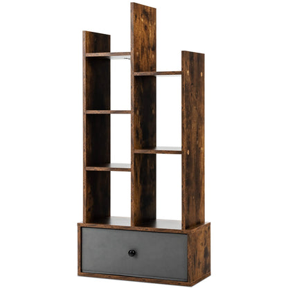 7/12-Tier Wooden Bookshelf with Folding Drawer for Study Living Room