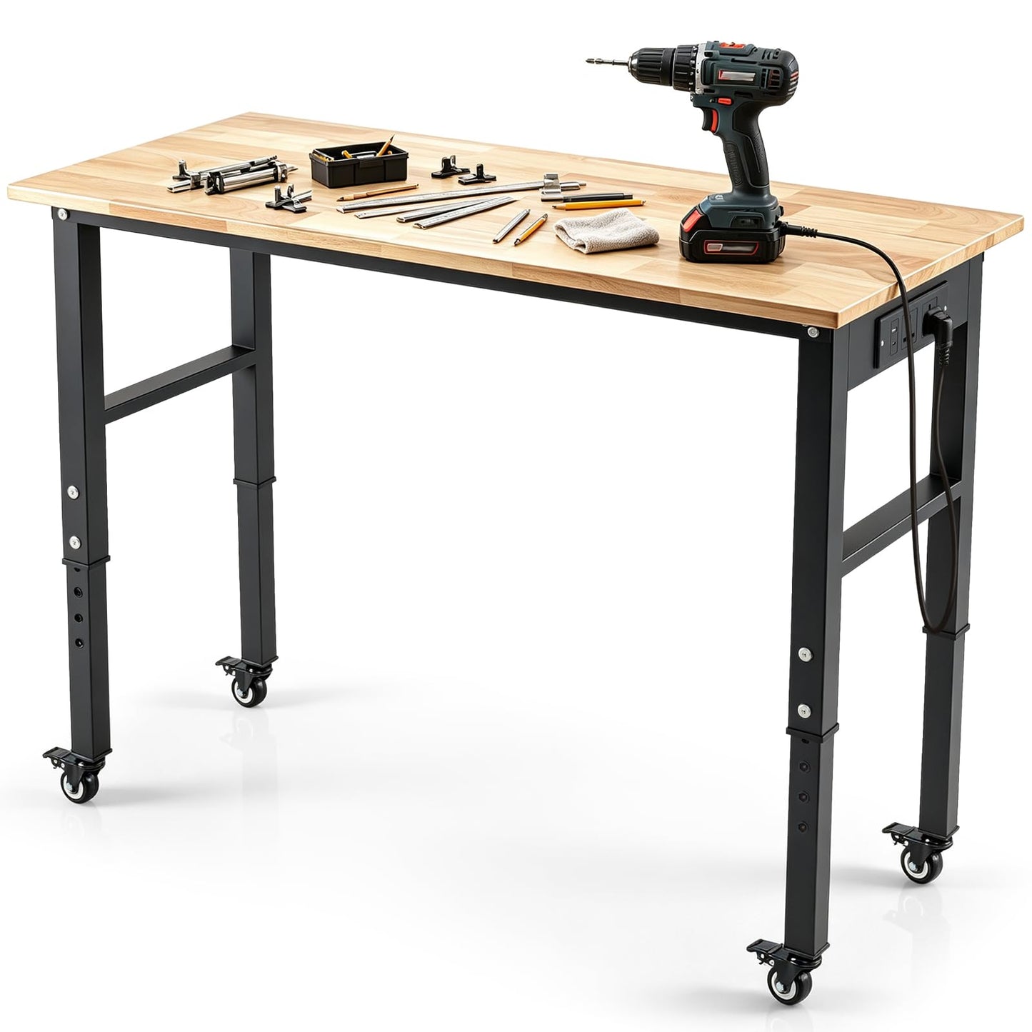46 Inch Adjustable Workbench with Wheels and Power Outlet Oak Top for Garage