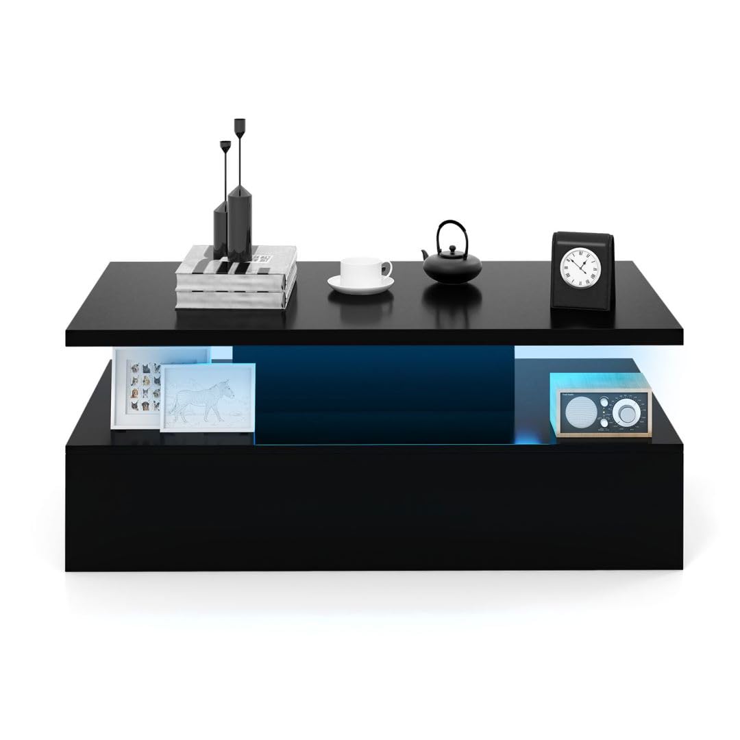 LED Coffee Table, 2 Tier Cocktail Center Table with Adjustable Light C ...