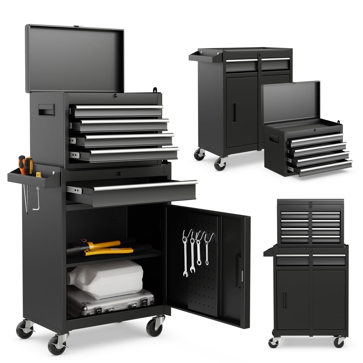 2 in 1 Lockable Metal Tool Chest with Removable Top Cabinet (with Adjustable Shelf)
