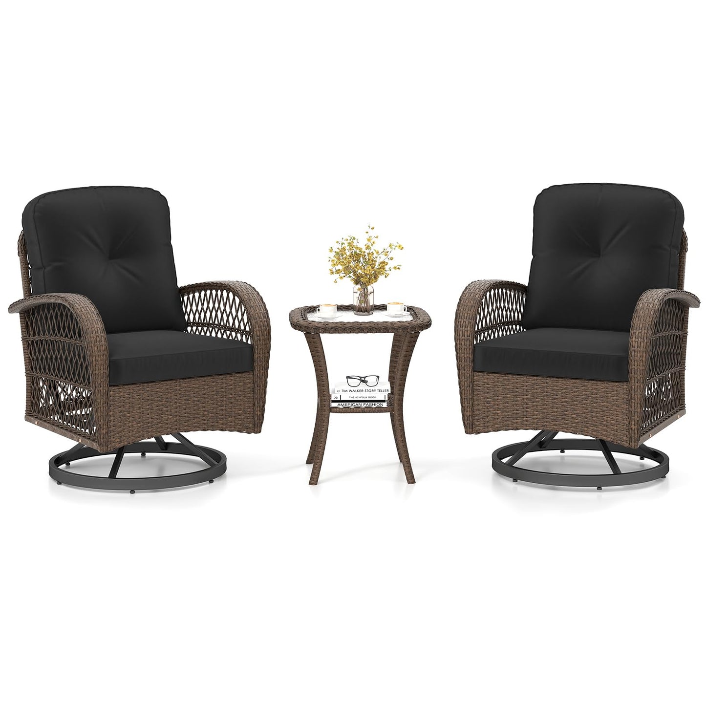 3 Pieces Patio Rattan Bistro Set with Cushions and Pillows