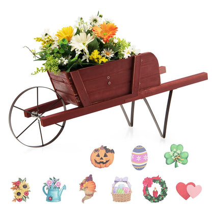 Wooden Wagon Planter Stand Wheelbarrow Flower Cart Garden Decoration