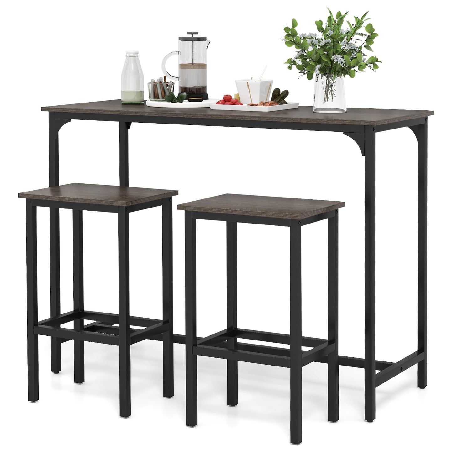 3 Piece Dining Table Set with High Top Rectangular Pub Table and Chairs