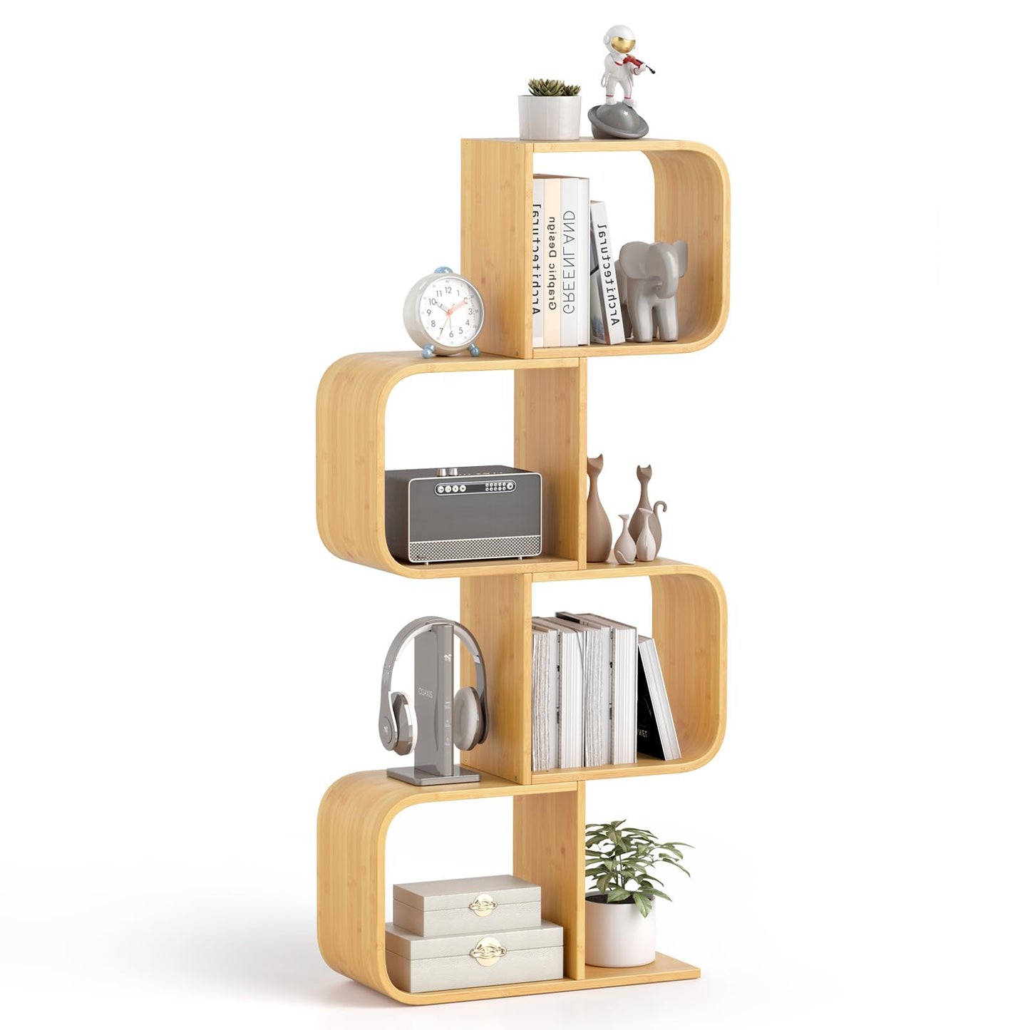 S Shaped Bookcase Bamboo Bookshelf Decorative Storage Organizer