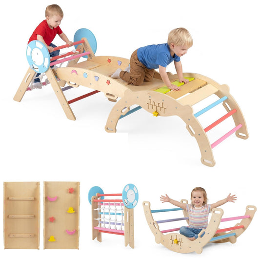 Toddler Climbing Frame, Kids Wooden Climber Toys Set with Arch, Reversible Ramp