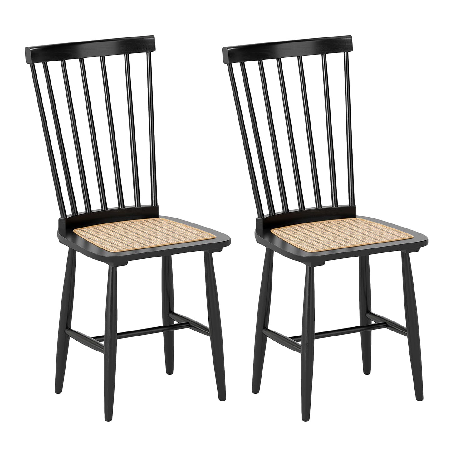 Windsor Dining Chair Set of 2 with Spindle Back and PE Rattan Seat for Kitchen
