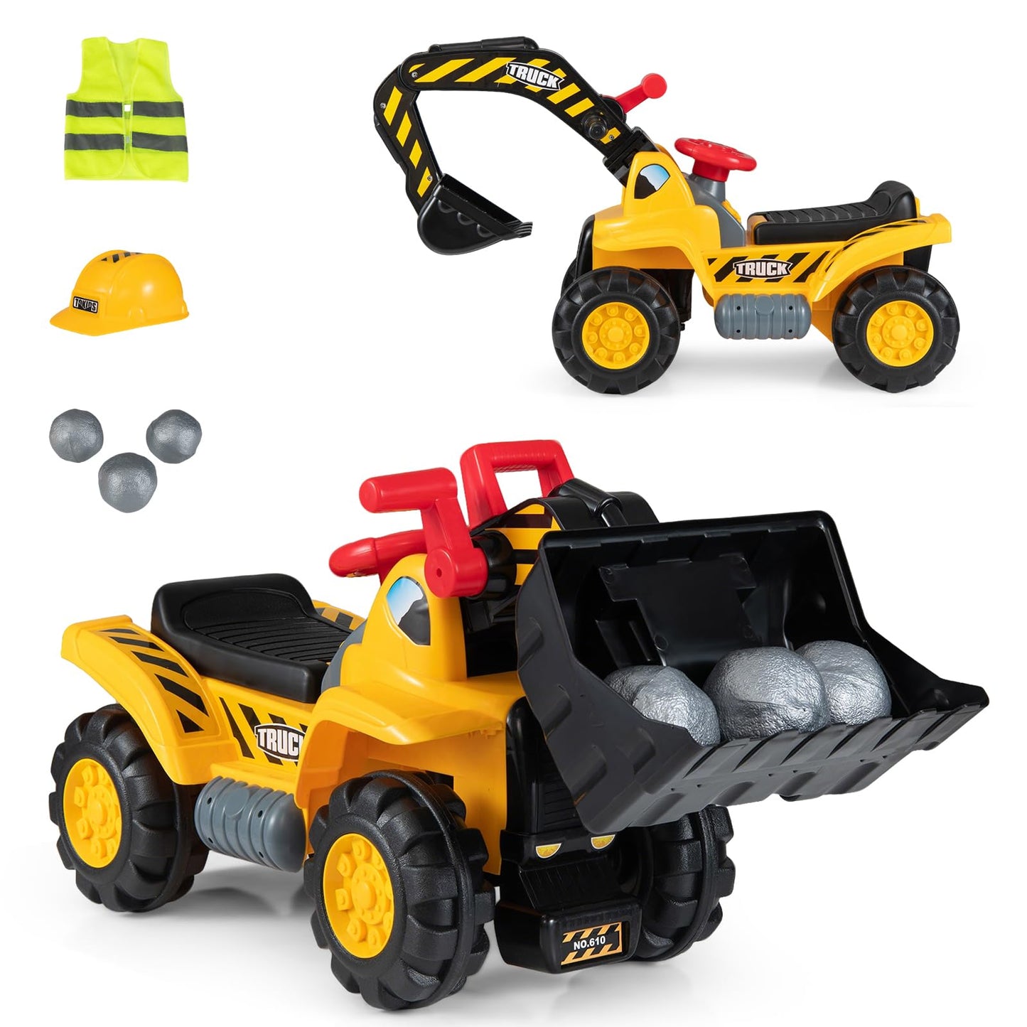 3-in-1 Ride on Excavator Bulldozer, Kids Foot-to-Floor Push Car