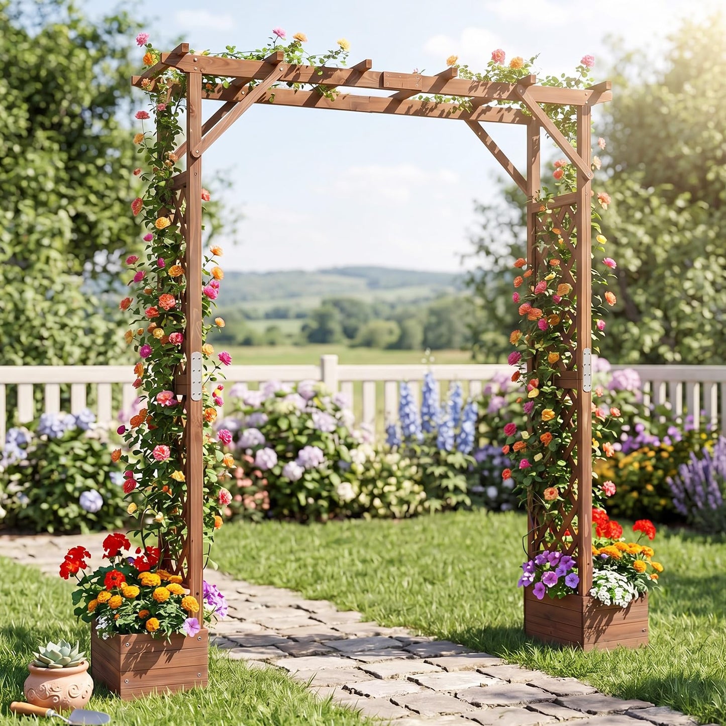 220cm Wooden Garden Arch with Planter Boxes & Hanging Roof