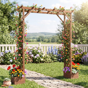 220cm Wooden Garden Arch with Planter Boxes & Hanging Roof