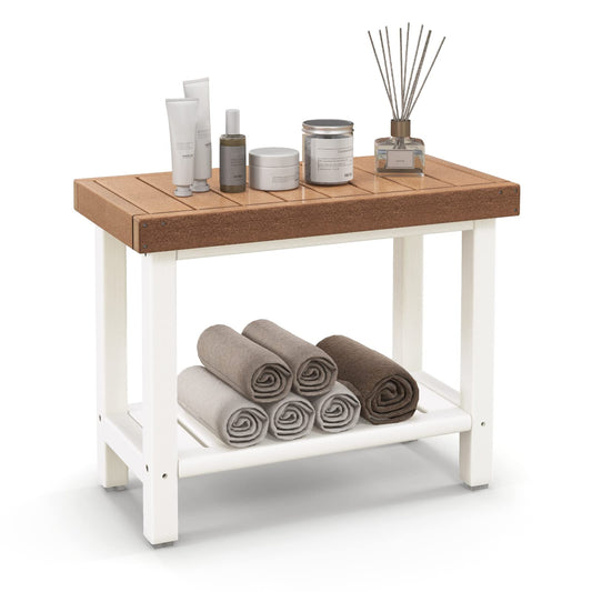 Shower Bench, HDPE Slatted Spa Bath Stool Shower Seat with Storage Shelf