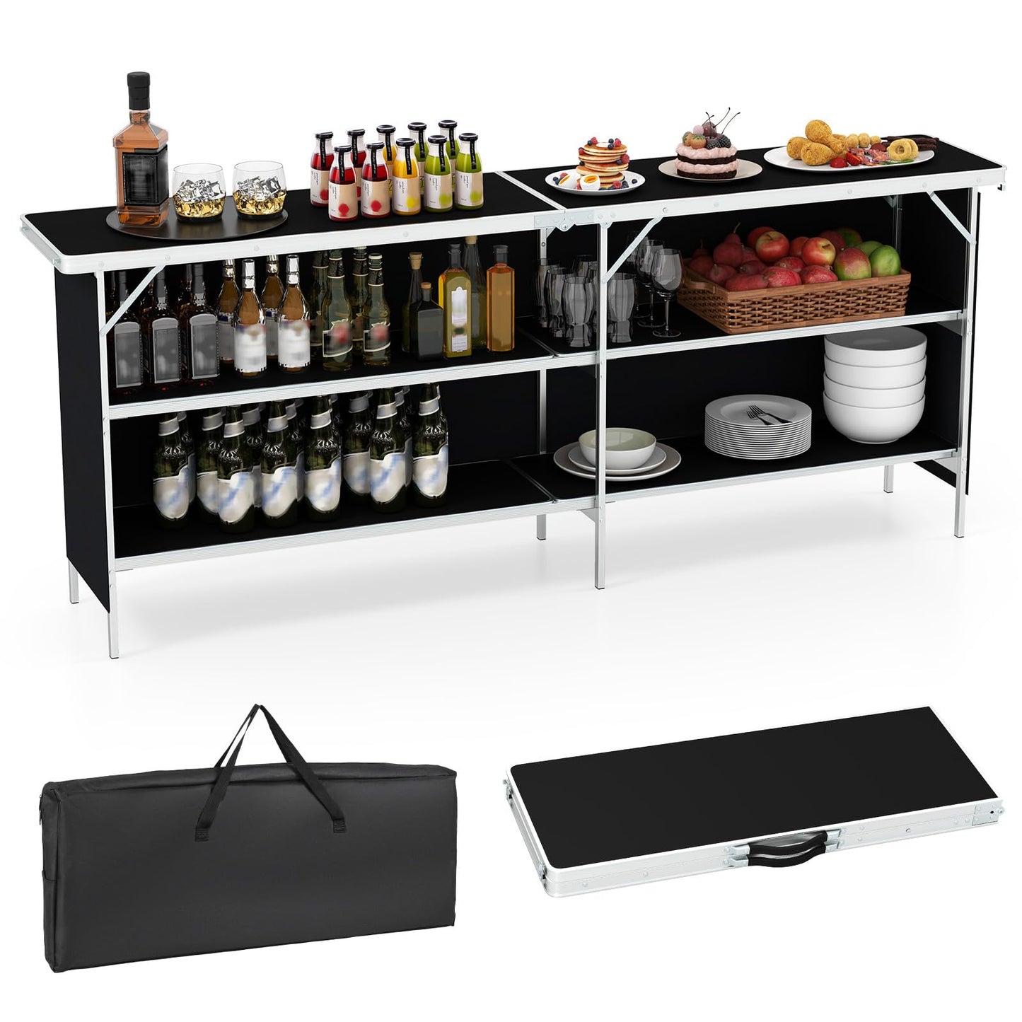 206cm Aluminum Portable Picnic Table with 2-Tier Open Shelves
