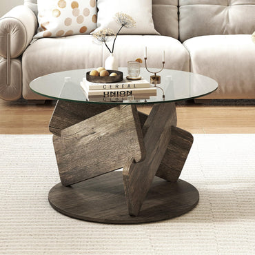 Round Glass Coffee Table 81cm Modern Center Table with Tempered Glass Top