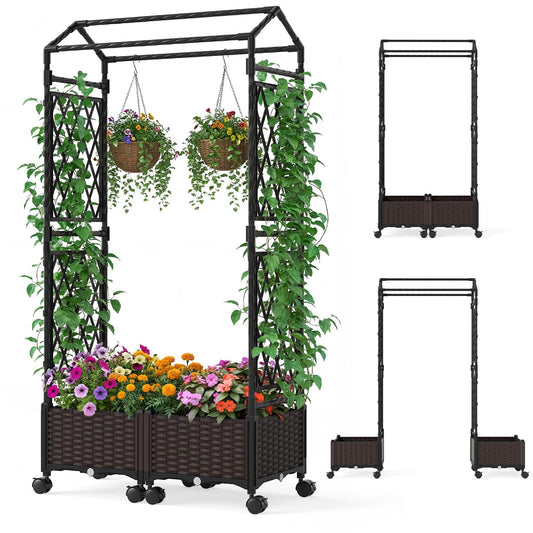 Self-Watering Planter Boxes with Lattice Trellis and Roof for Climbing Vine