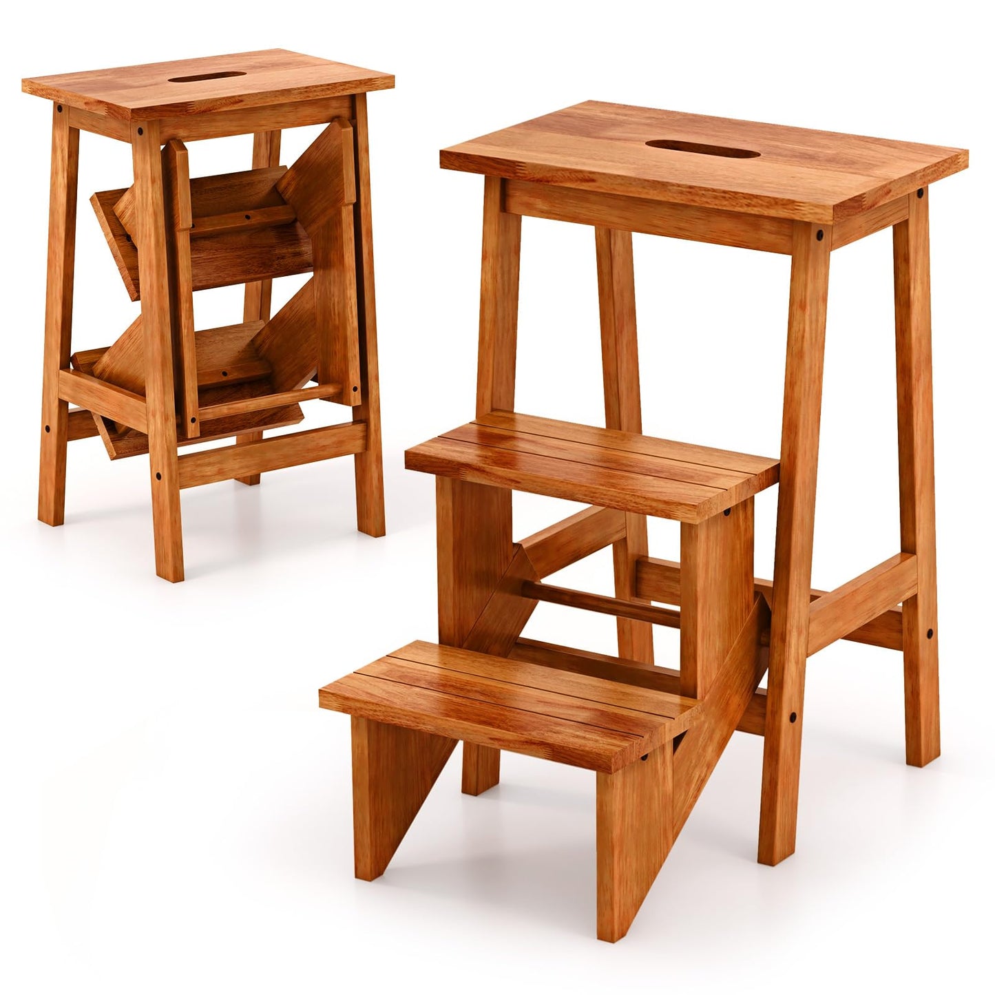 3 Tier Folding Step Stool Rubber Wood Ladder Chair with Handle