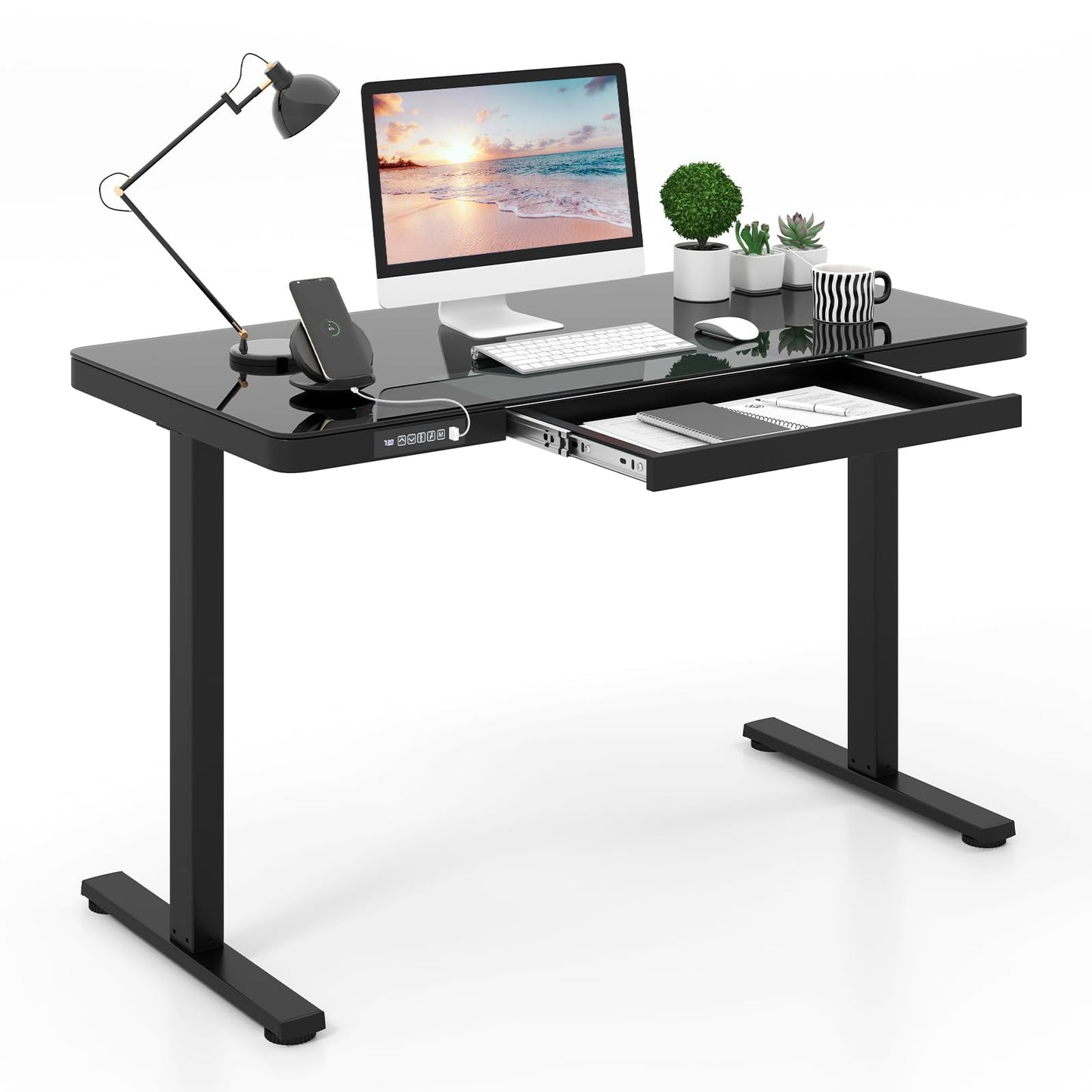 120 x 60 CM Whole-Piece Glass Standing Desk with Drawers