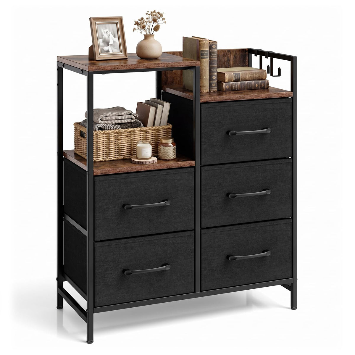 Chest of Drawers Bedroom, 5-Drawer Fabric Dresser with Open Shelves