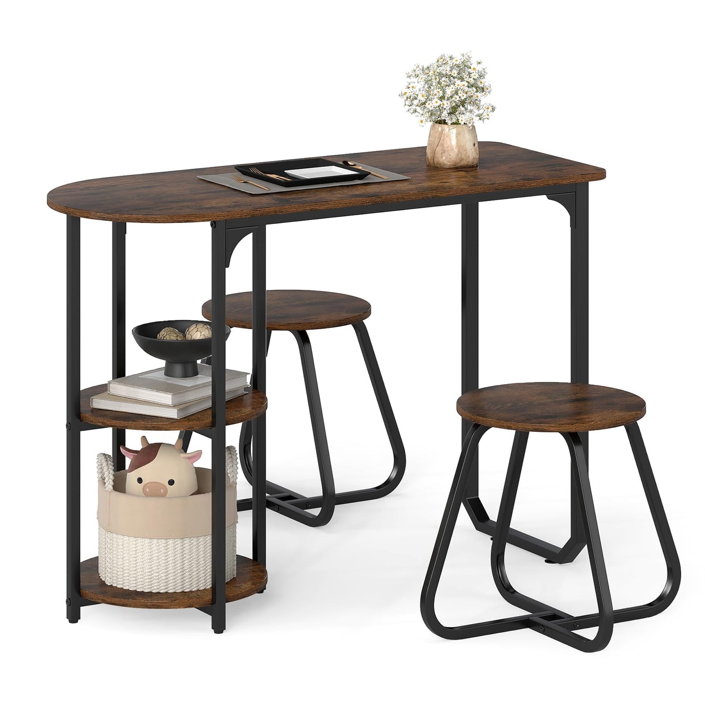 GiantexUK 3-Piece Dining Table Set, Wooden Kitchen Table and Stools