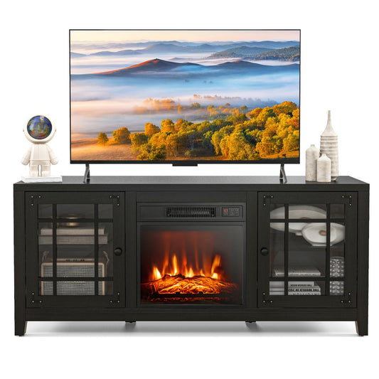 GiantexUK Electric Fireplace Insert TV Stand, Double Glass Door Living Room Console Entertainment Center with 19'' Electric Fir