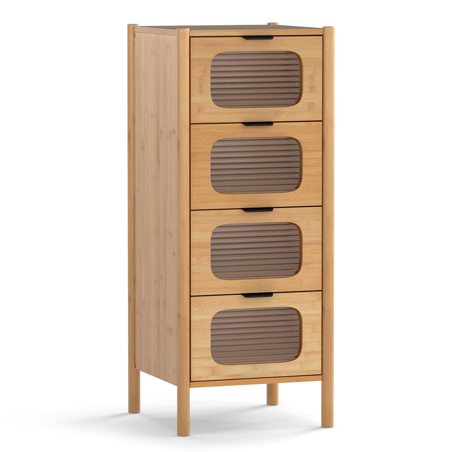 4 Drawer Dresser Bamboo Storage Cabinet with Fluted Tempered Glass Drawers
