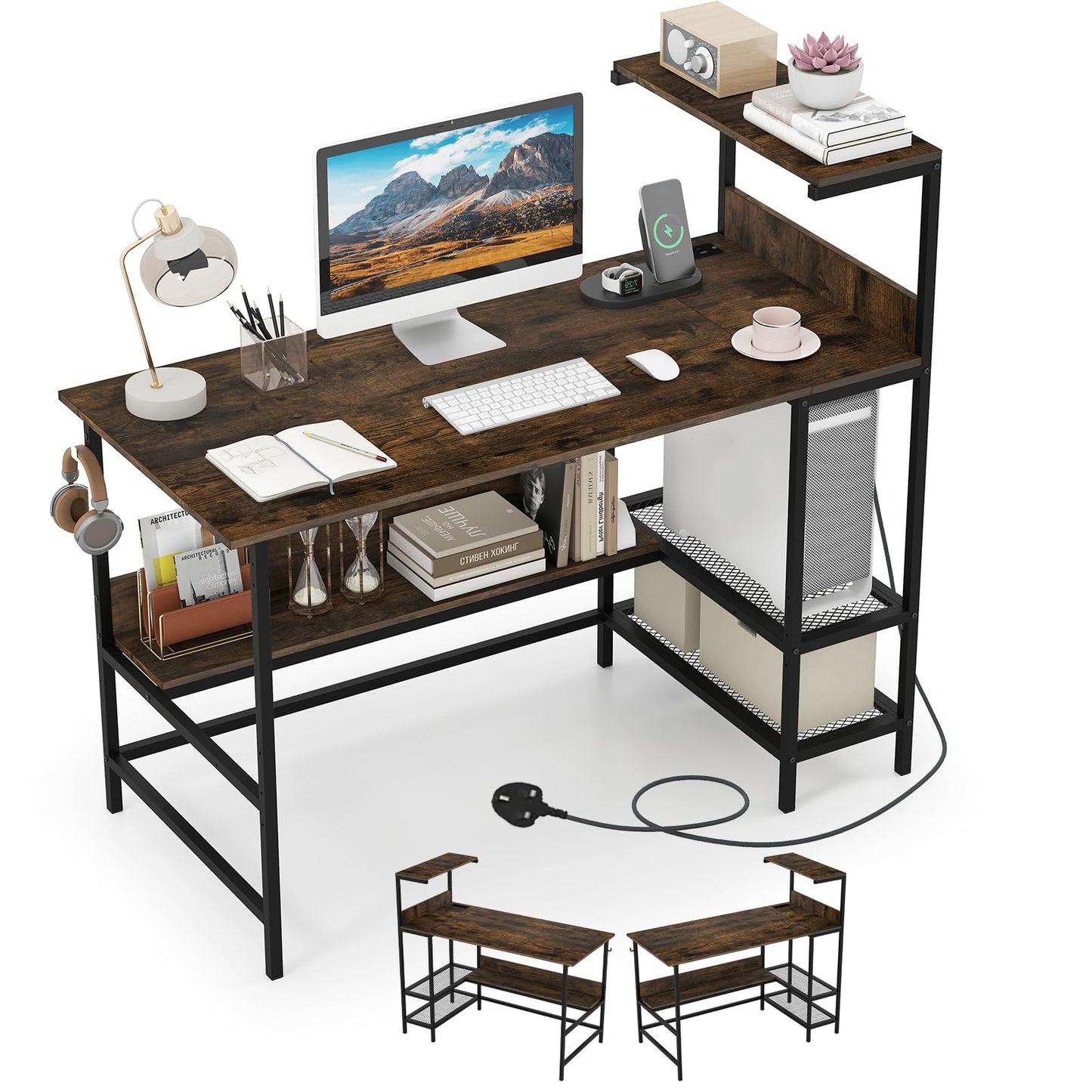 122.5 CM Computer Desk with Power Outlets & Storage Shelves and Headphone Hook for Working