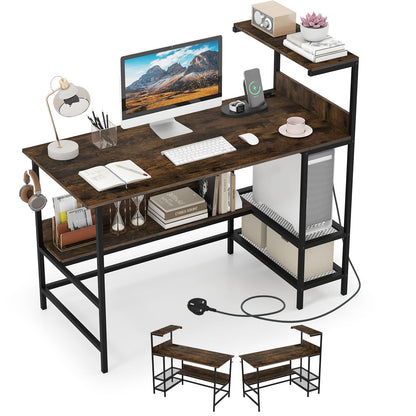 122.5 CM Computer Desk with Power Outlets & Storage Shelves and Headphone Hook for Working