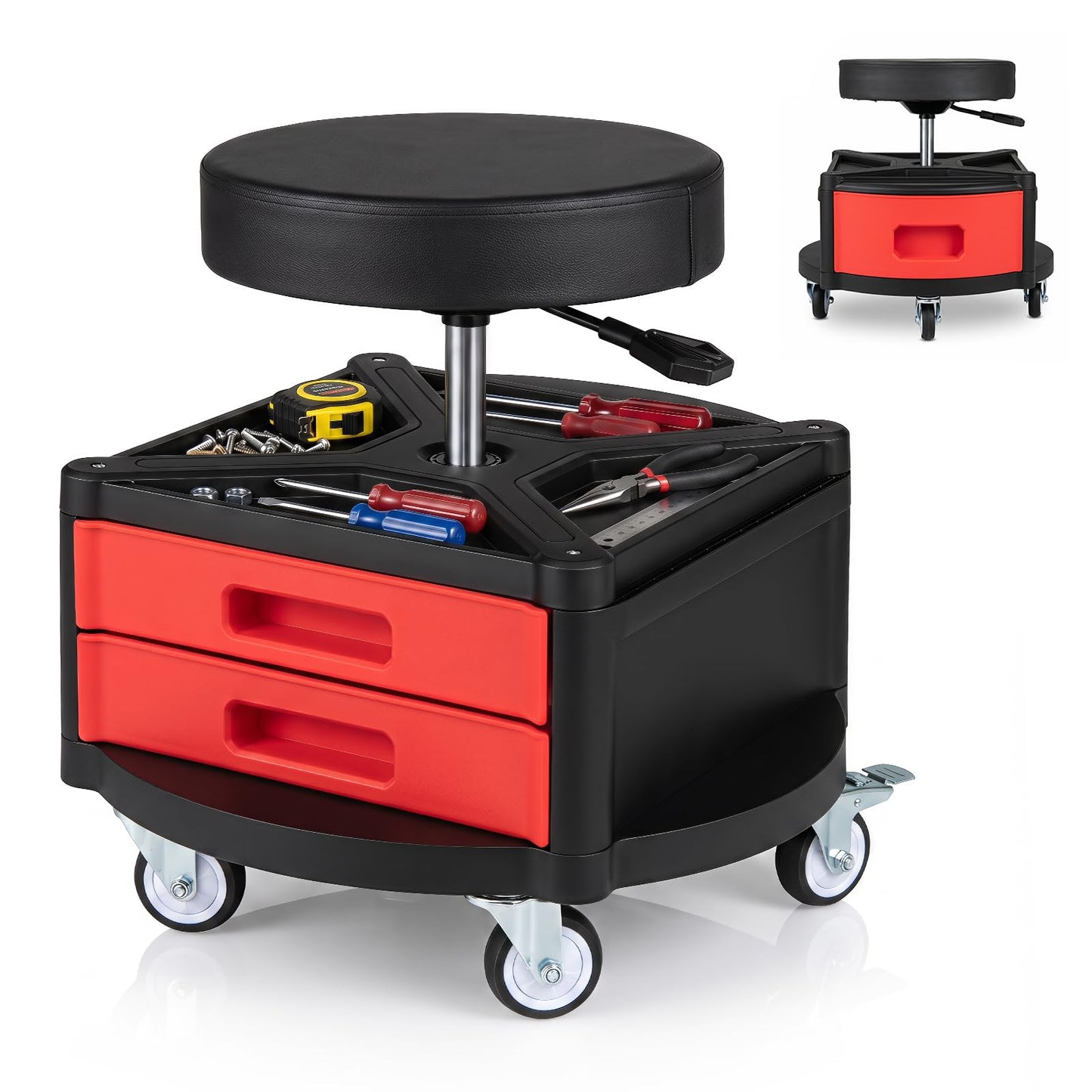Height-Adjustable Rolling Mechanic Stool with Cushioned Seat Tool Tray for Repair Shop