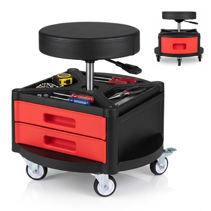 Height-Adjustable Rolling Mechanic Stool with Cushioned Seat Tool Tray for Repair Shop
