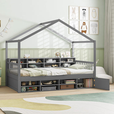 Wooden Single Size House Bed with Roof and 14 Storage Cubes
