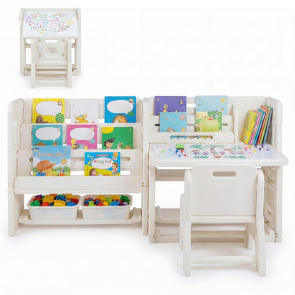 Kids Desk and Chair Set with Side Bookshelves and Whiteboard
