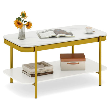 2-Tier Coffee Table, Rectangular Center Cocktail Table with Sintered Stone Tabletop