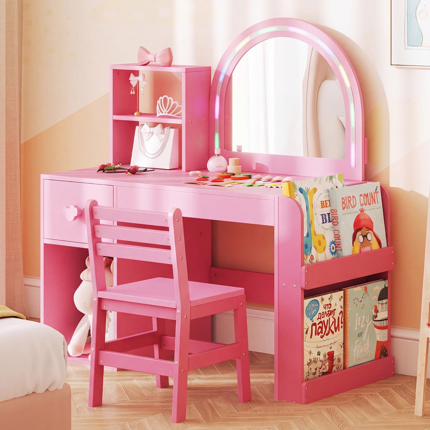 Kids Vanity Table and Chair Set with Lighted Mirror Open Storage Shelves