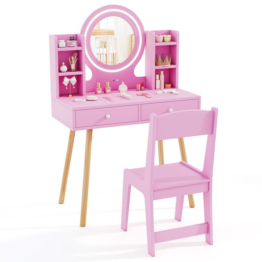 Kids Princess Vanity Desk Set with 2 Color LED Lighted Acrylic Mirror