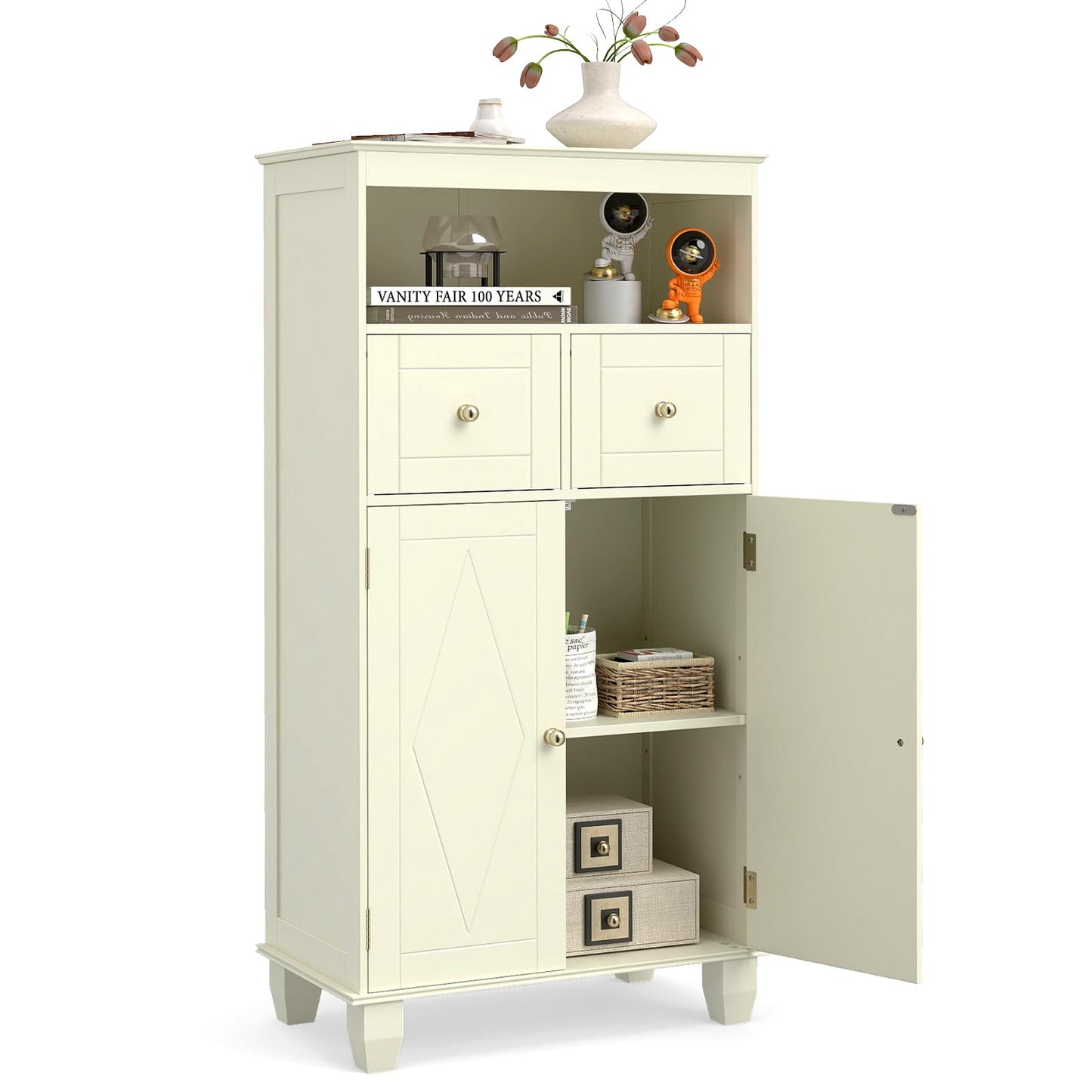 Bathroom Floor Cabinet, Freestanding Wooden Storage Cupboard with 2 Doors