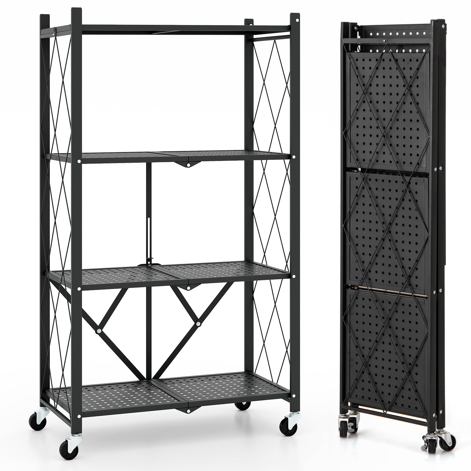 4-Tier Metal Foldable Collapsible Storage Rack with Lockable Wheels ...