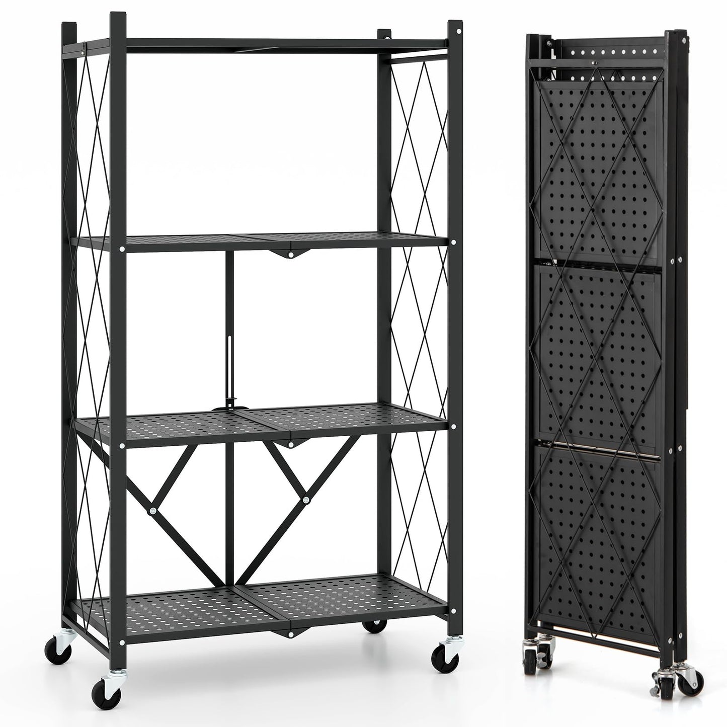 4-Tier Metal Foldable Collapsible Storage Rack with Lockable Wheels