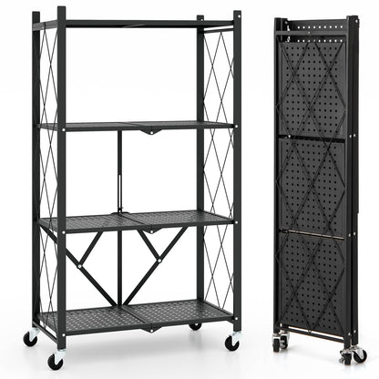 4-Tier Metal Foldable Collapsible Storage Rack with Lockable Wheels
