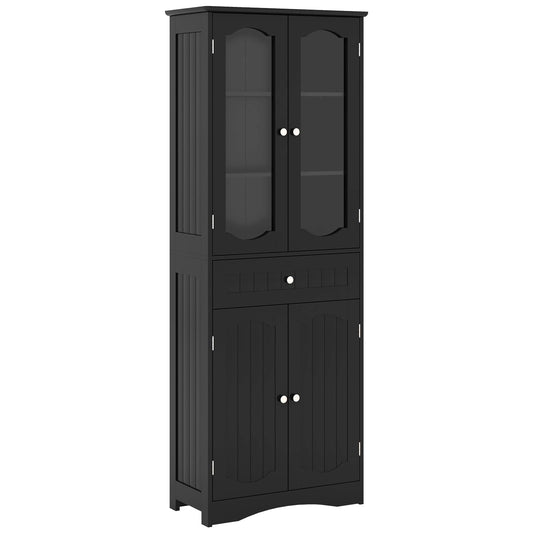 160cm Freestanding Linen Tall Bathroom Storage Cabinet with 2 Glass Doors