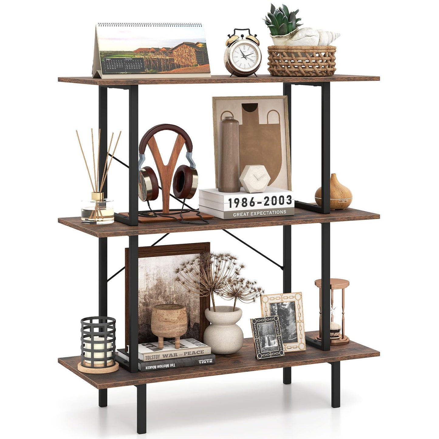 3-Tier Industrial Bookshelf with Open Shelves and Metal Frame for Living Room Study