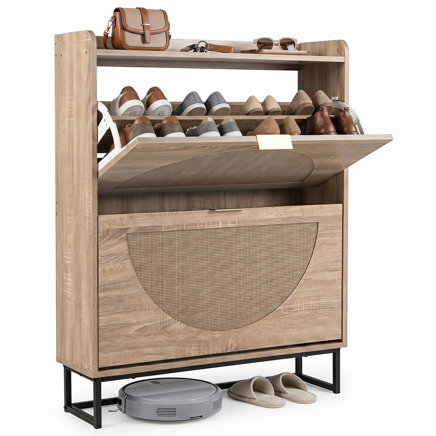 24cm Narrow Shoe Cabinet with 2 Rattan Flip Drawers