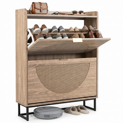 24cm Narrow Shoe Cabinet with 2 Rattan Flip Drawers