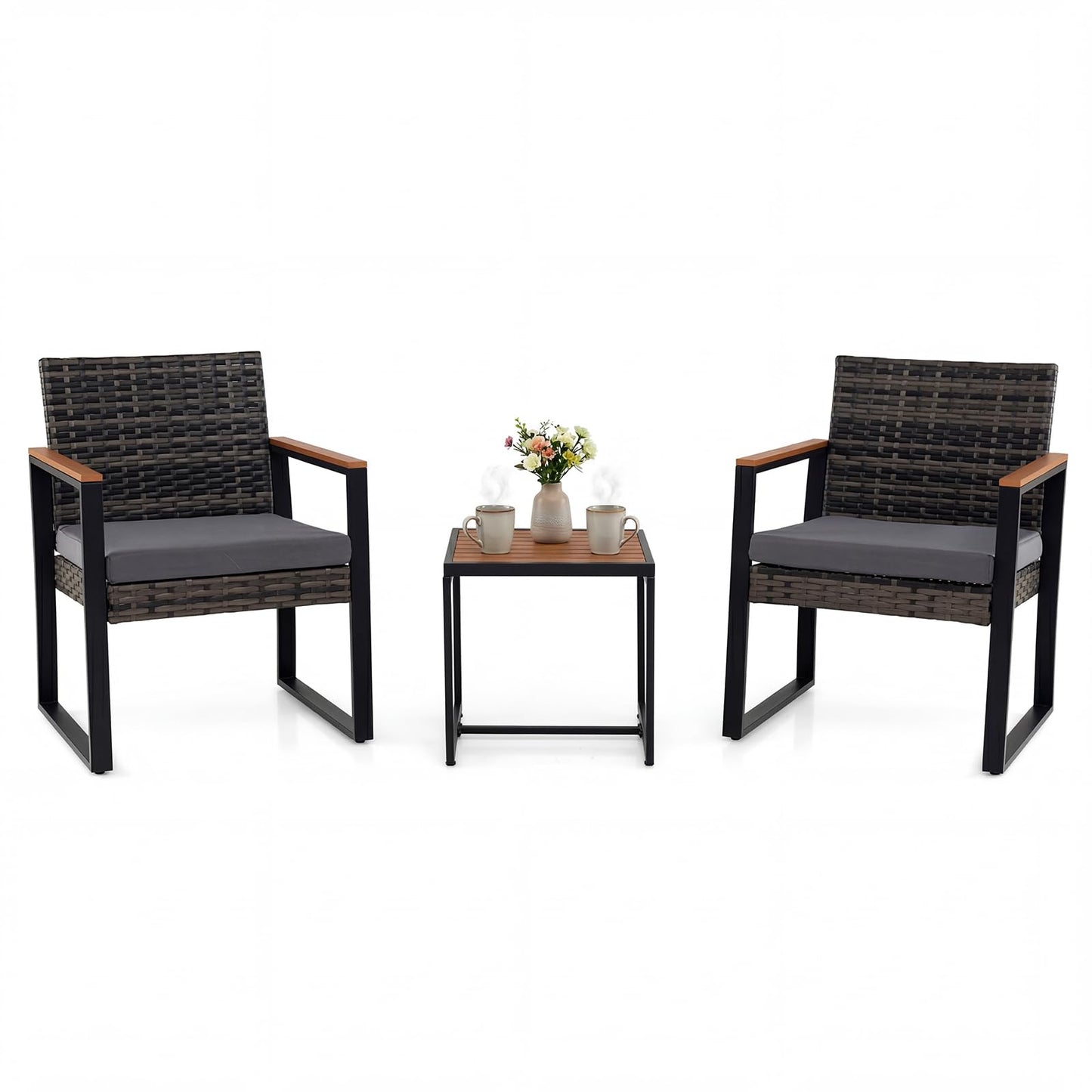 3 Pieces Patio Rattan Bistro Set, PE Wicker Garden Furniture Set with Soft Cushion and Side Table